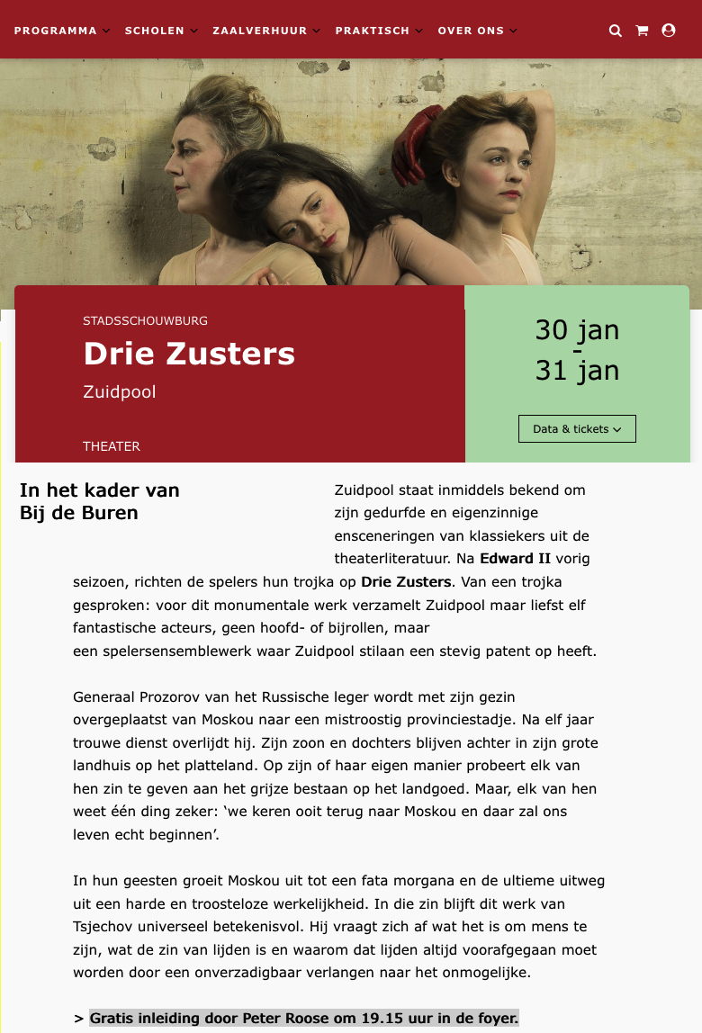 Page Internet. Brugge. Drie Zusters. Zuidpool Theater. 2019-01-30